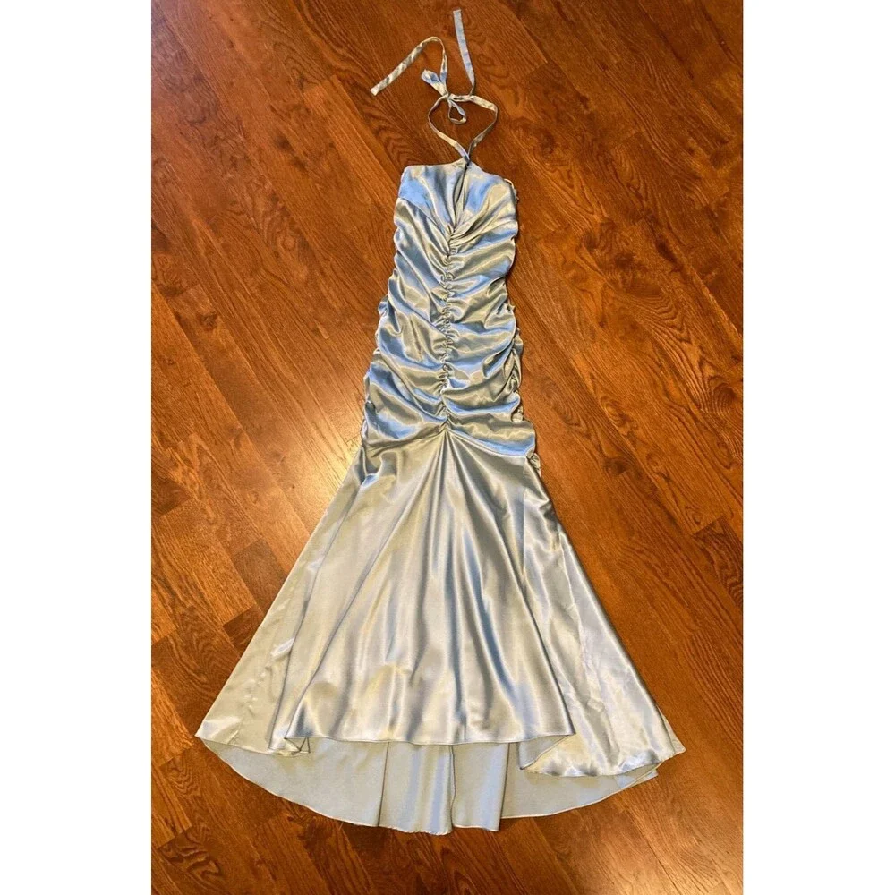 Jessica McClintock Vintage Blue Ruched Halter Neck Prom Formal Dress Size 2 - Picture 1 of 14